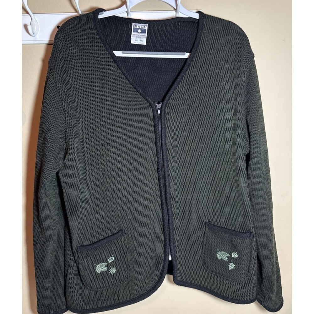 Cityscape Green Leaf Embroidered Zip Up Sweater Women’s XXL